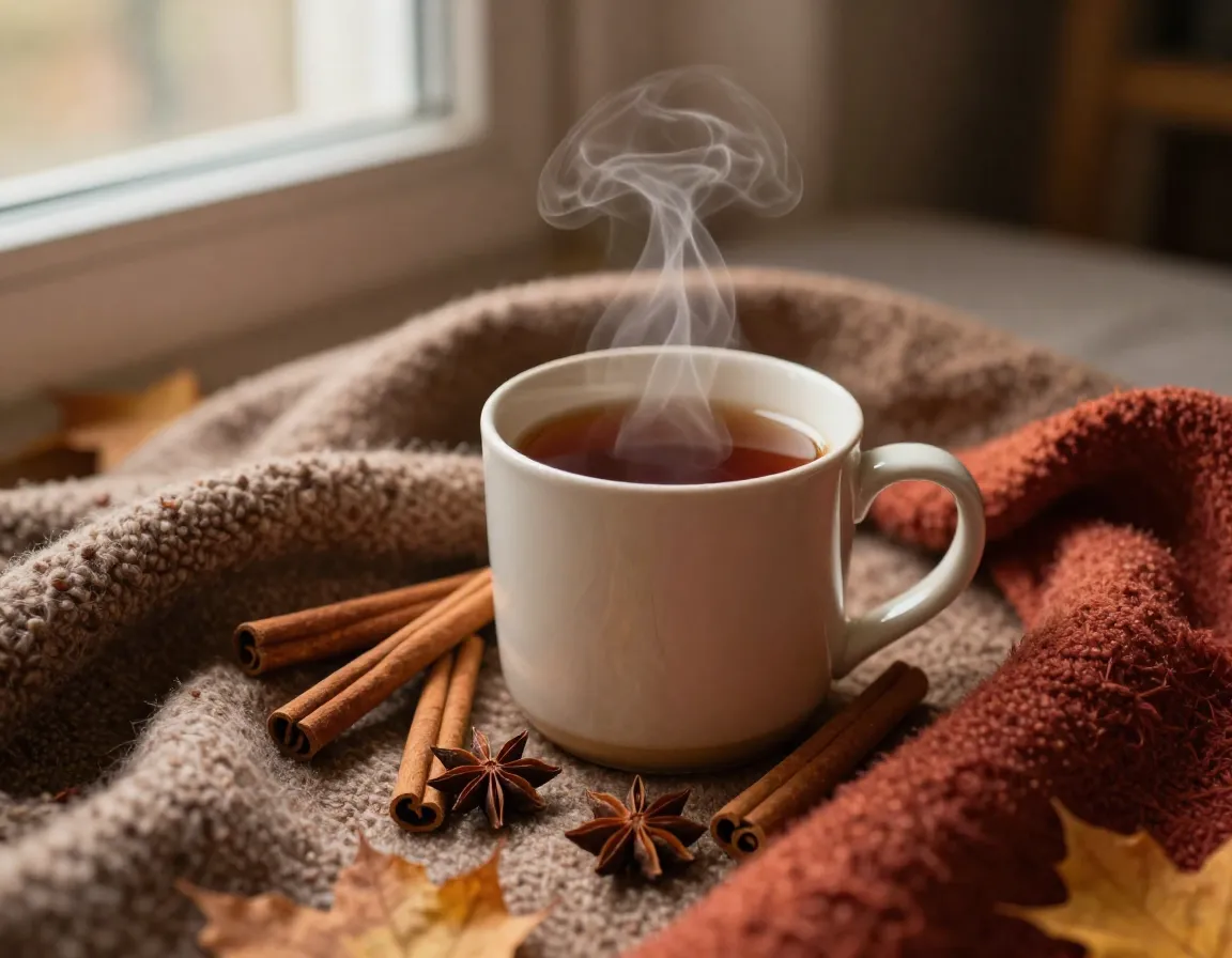 Cozy autumn scene with steaming mug and cinnamon sticks on blanket