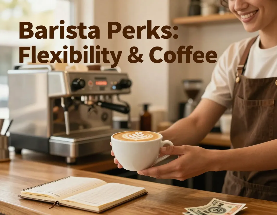 Barista holding latte with art in busy coffee shop environment