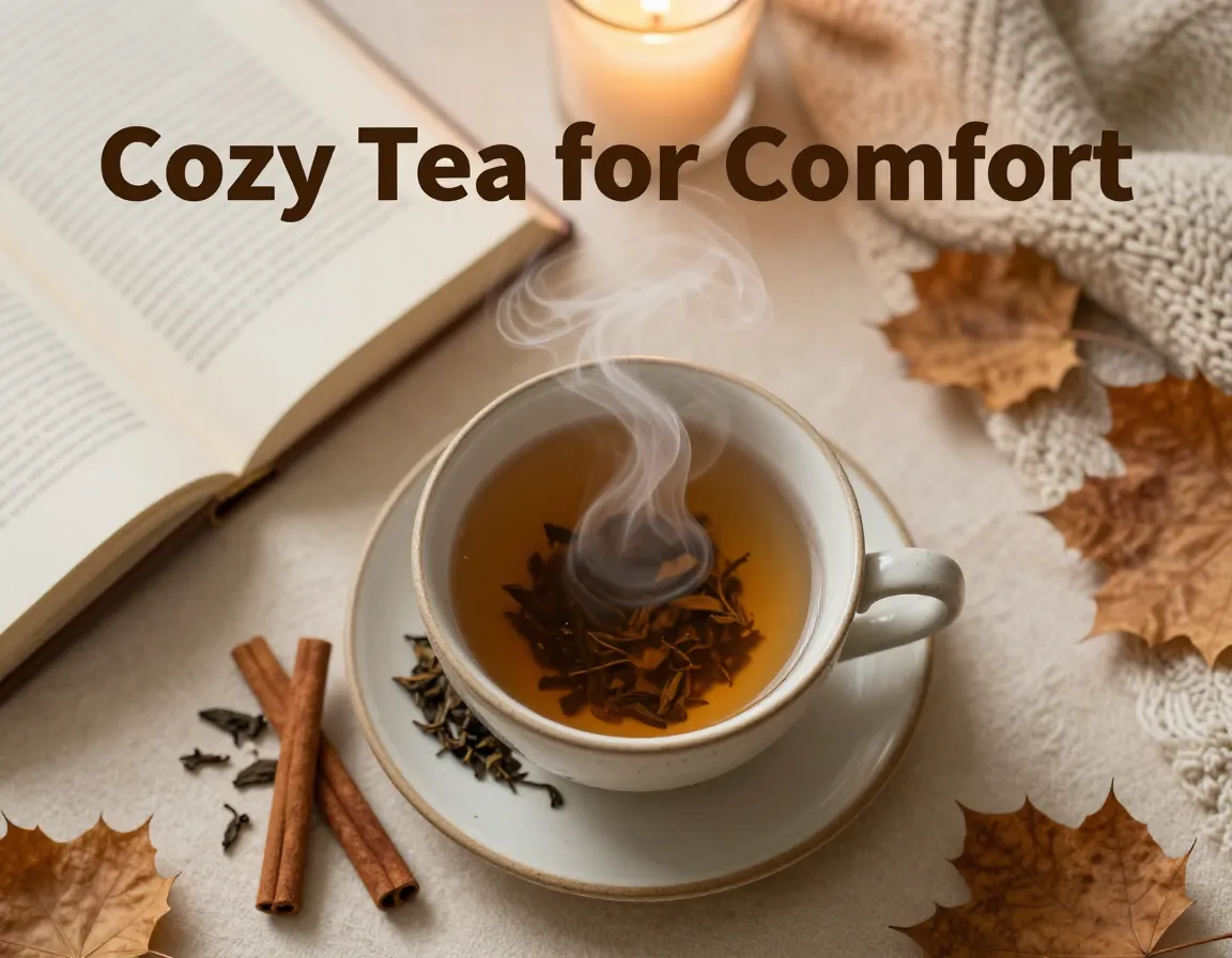 Cozy tea autumn comfort flatlay steam textures