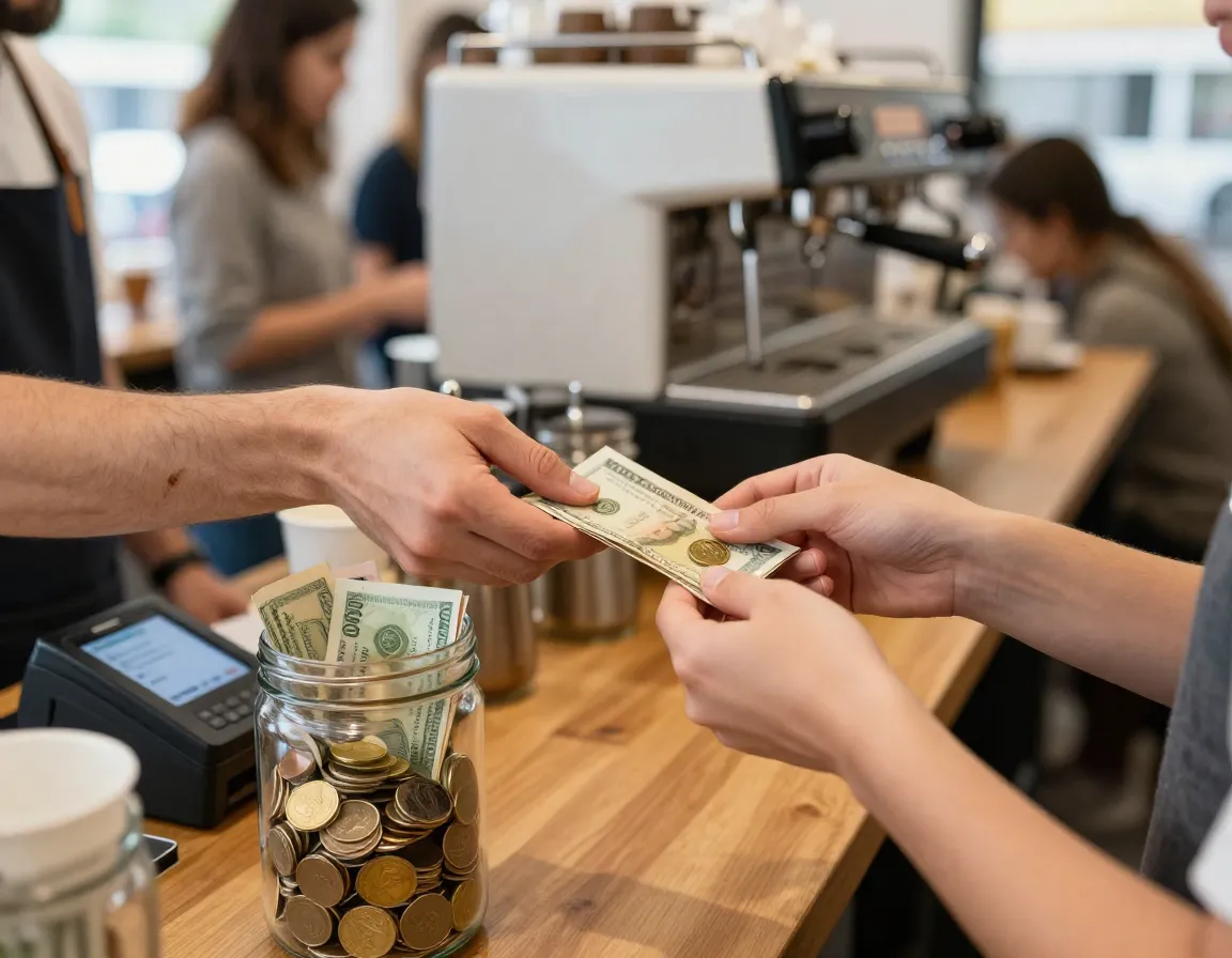 Barista receiving cash tip at counter during morning rush hour