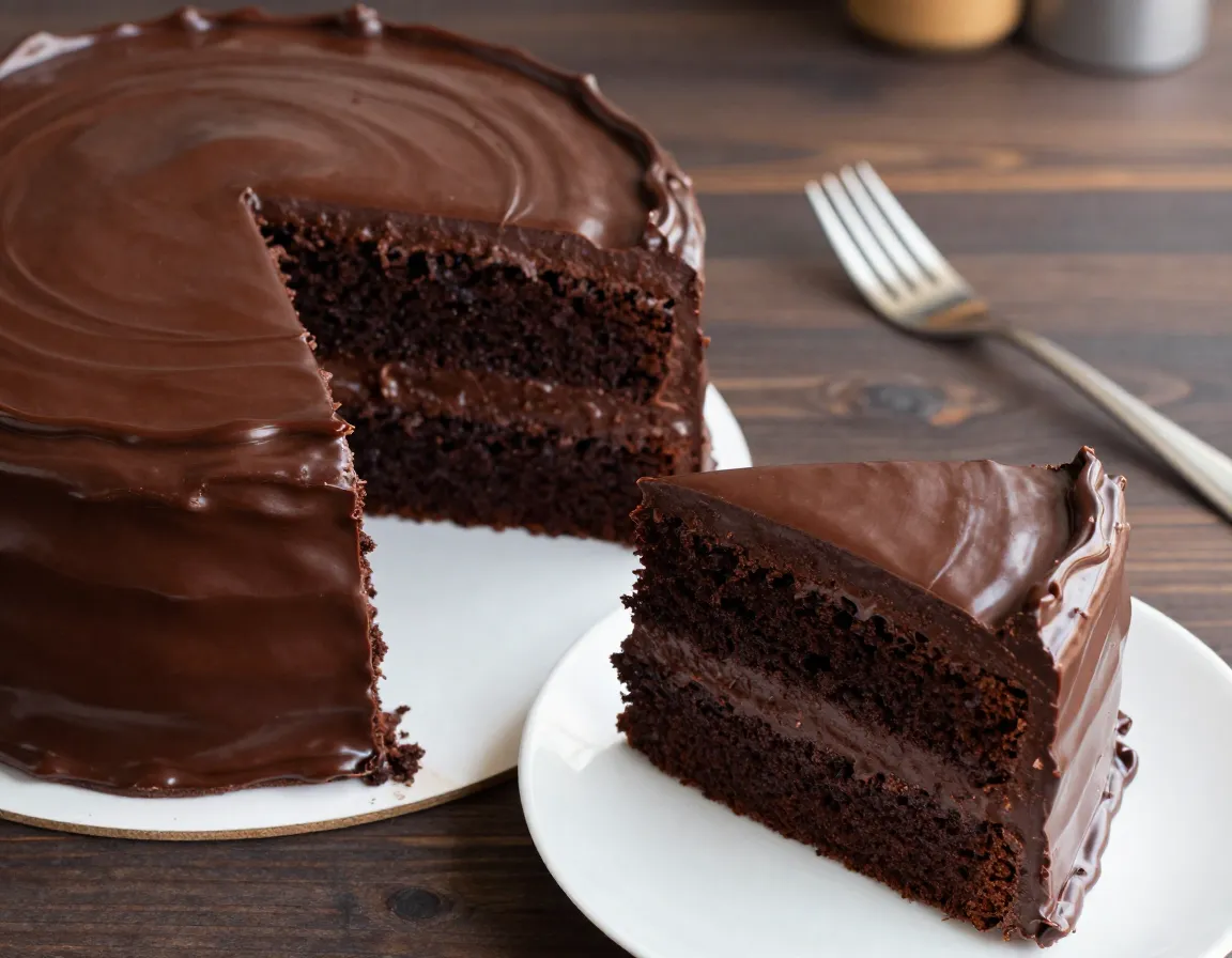 Rich chocolate ganache layer cake with espresso glaze