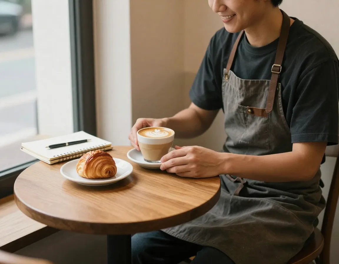 Barista enjoying free specialty latte and pastry on break