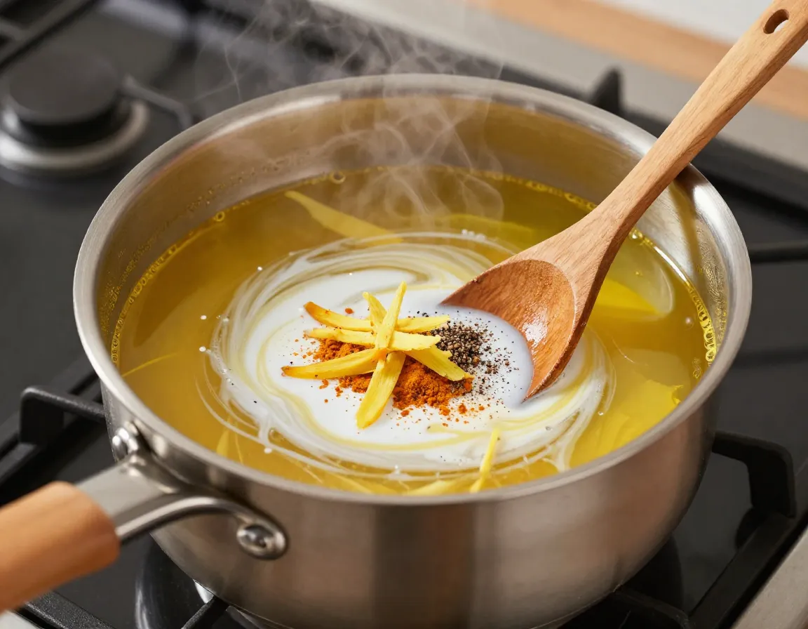Golden turmeric ginger tea with coconut milk and spices