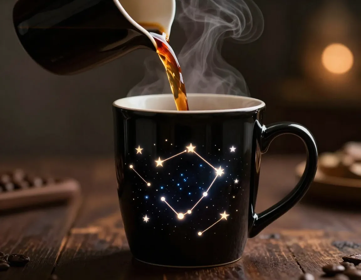 Heat changing mug revealing constellations with hot coffee pour