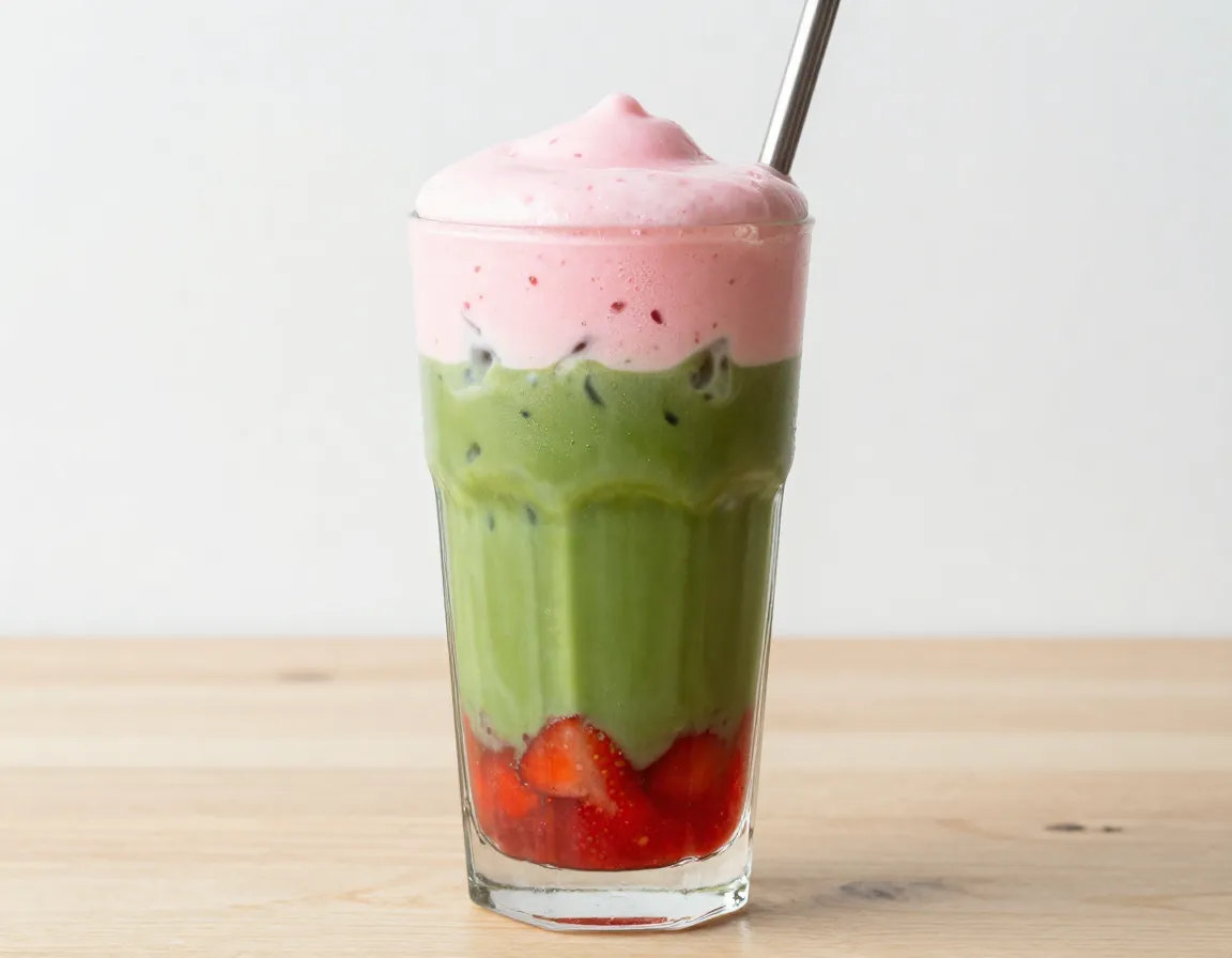 Iced strawberry matcha latte with pink cold foam in a tall glass