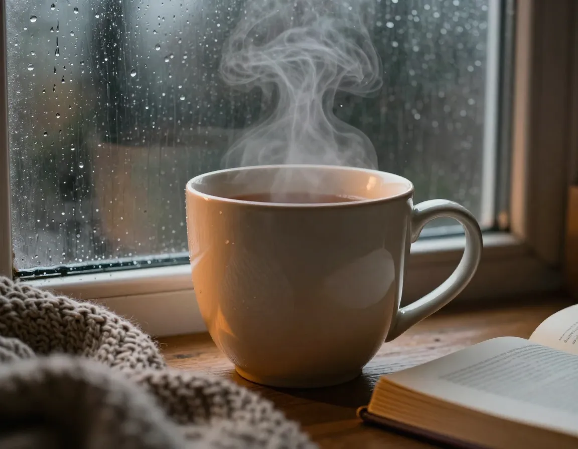 Oversized mug with steam against a rain streaked cozy window