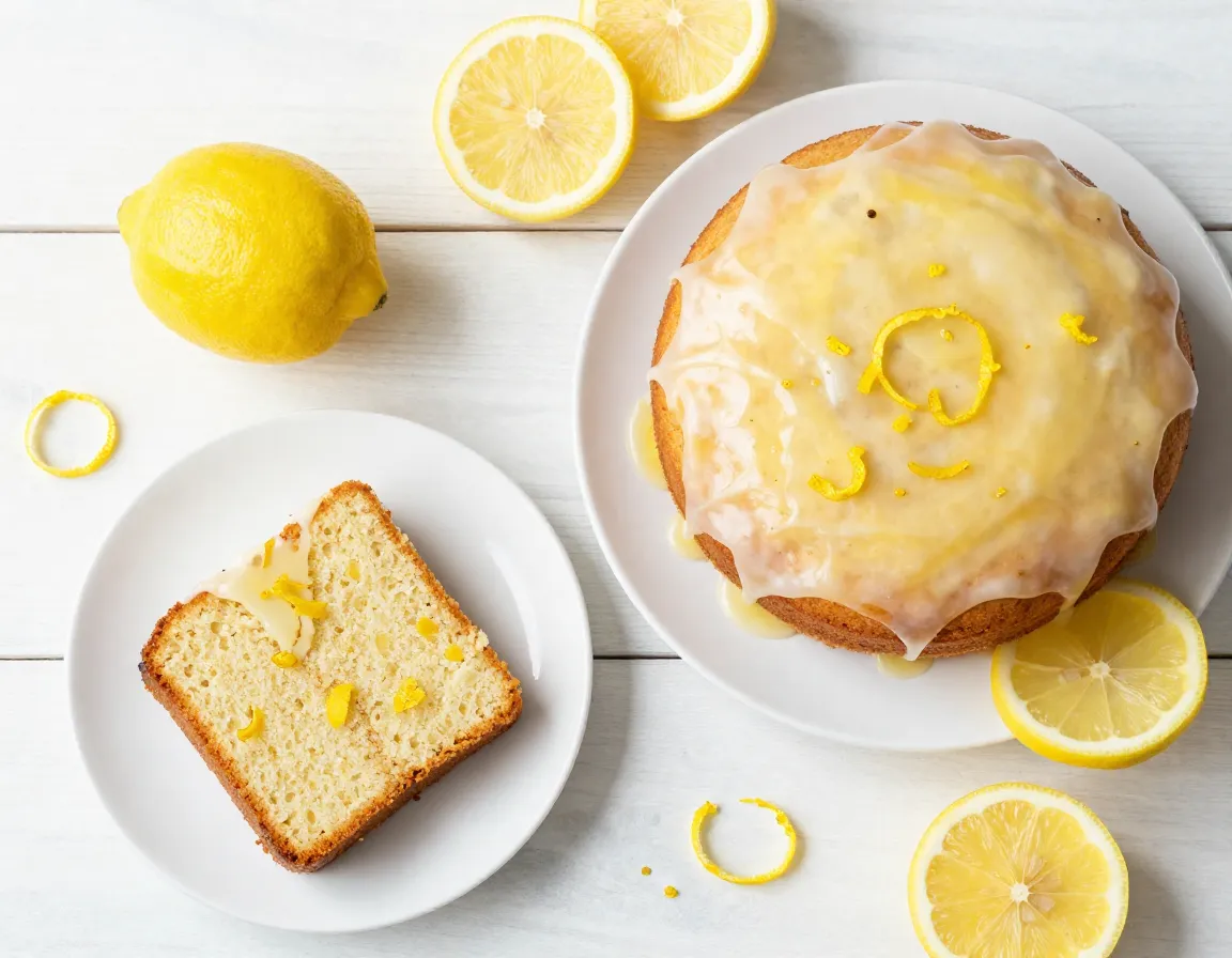 Zesty lemon coffee cake with vanilla glaze on plate
