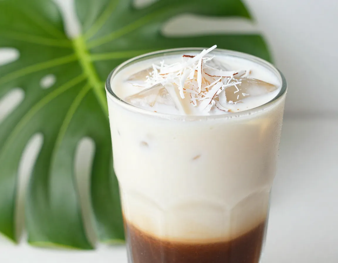 Tropical coconut cold brew with shredded coconut garnish in tall glass