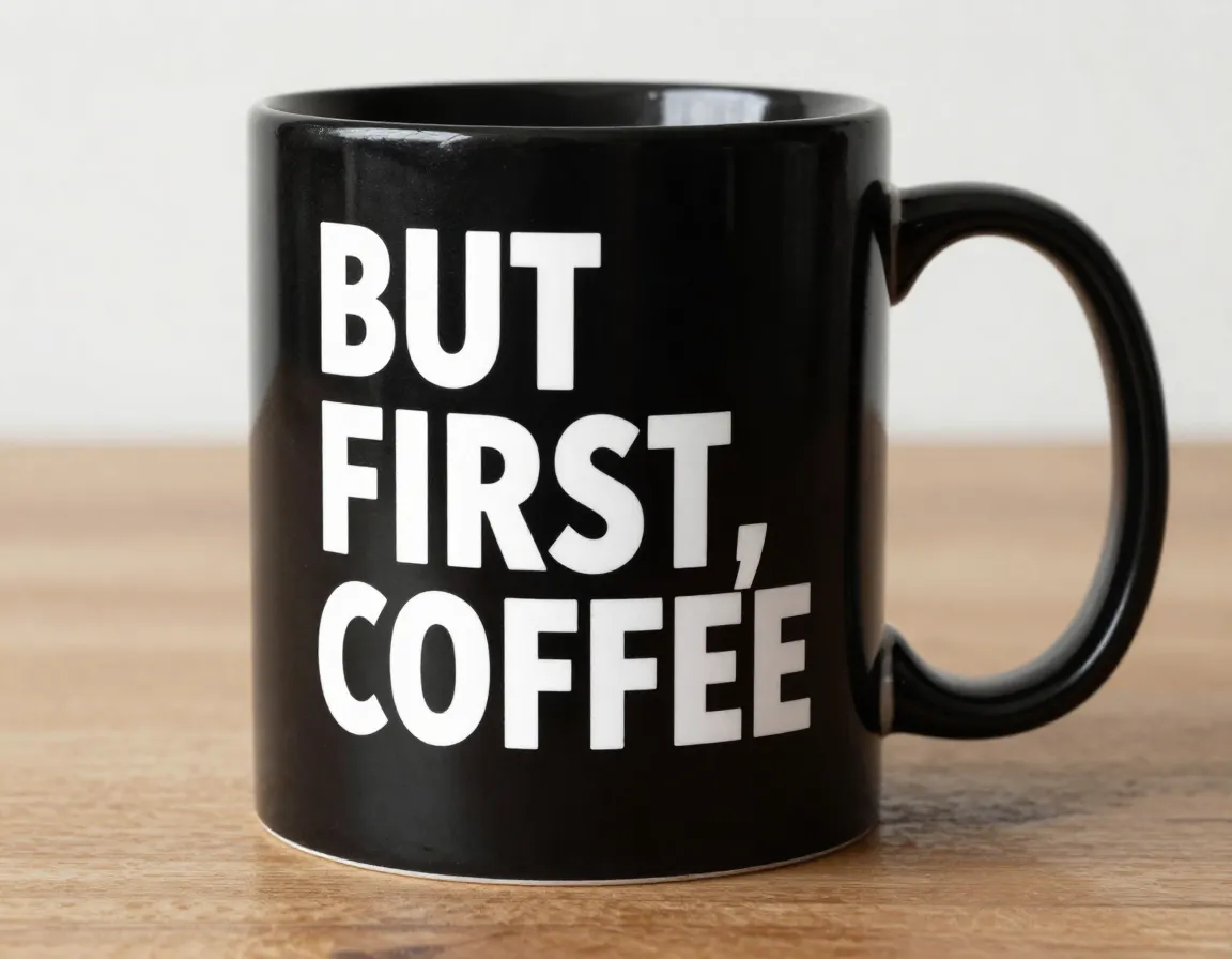 White text motivational quote on black ceramic coffee mug