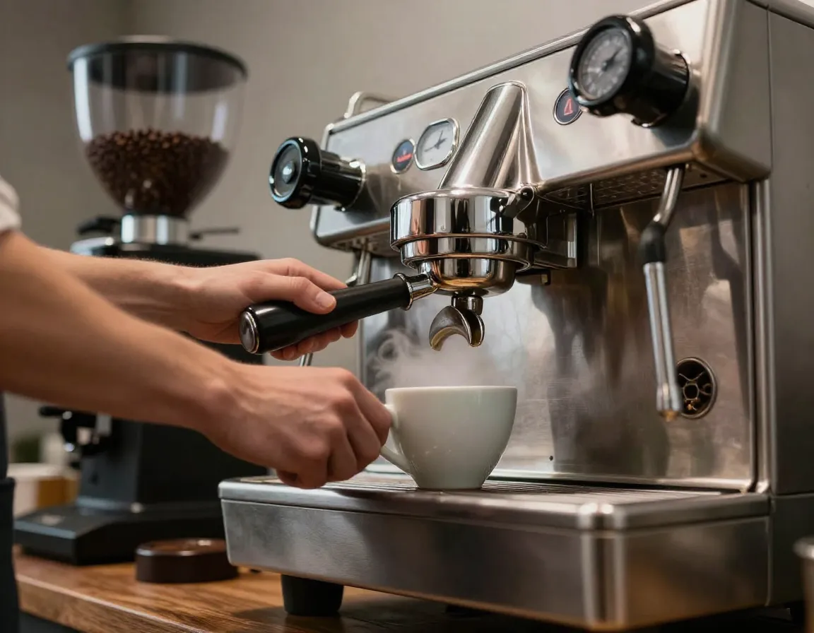Barista skillfully operating espresso machine with focused precision