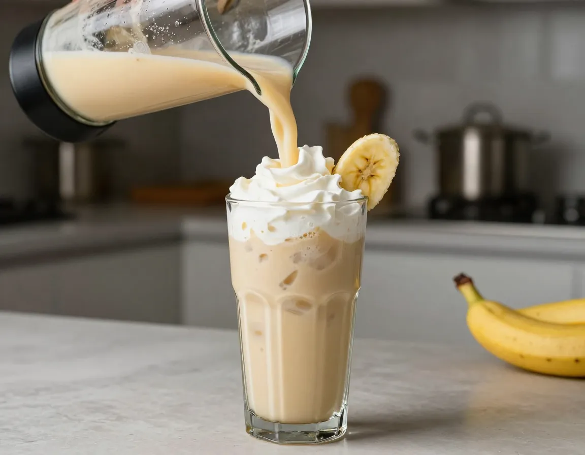 Blended banana cream cold brew with whipped cream and banana slice