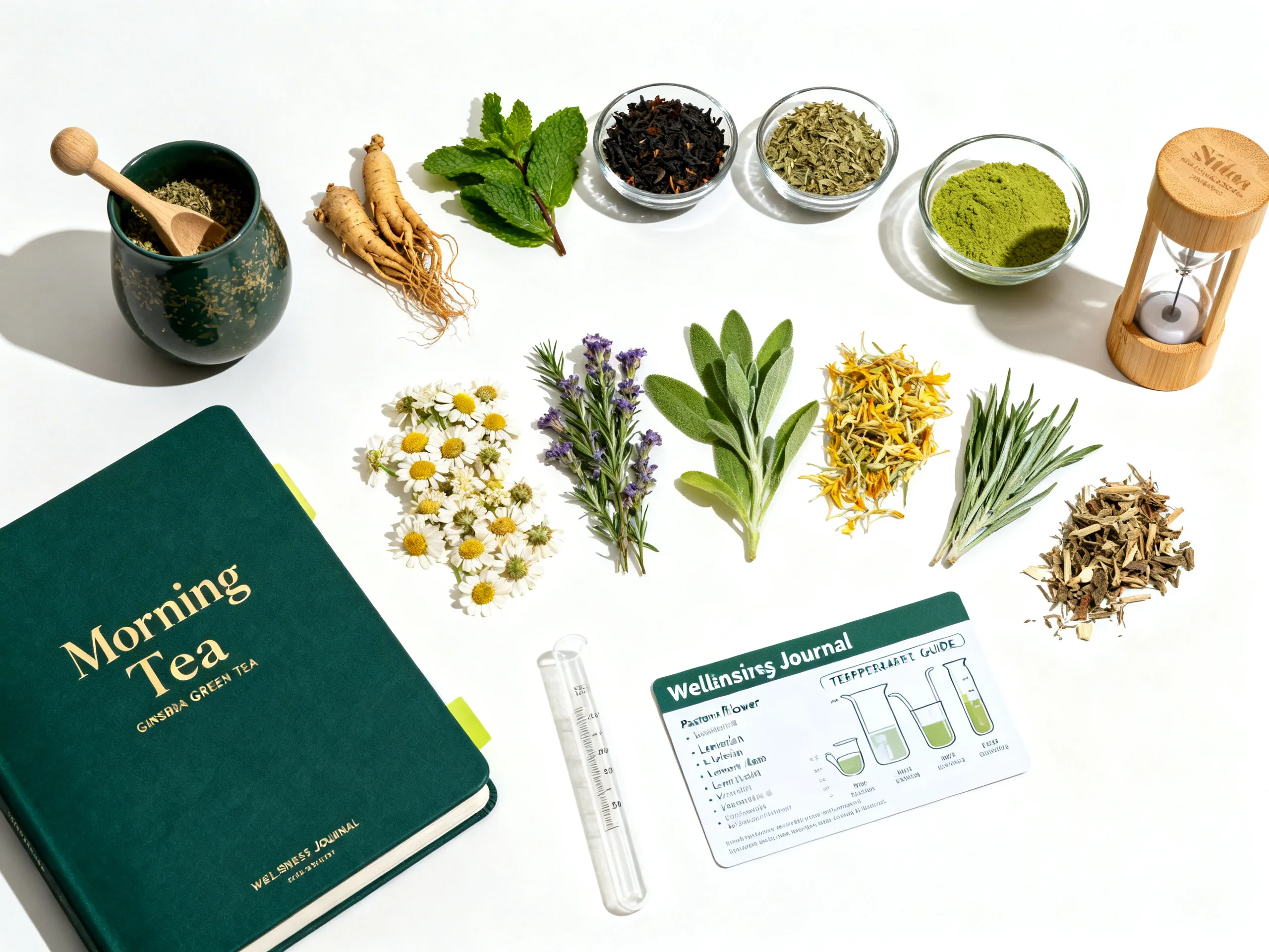 Morning energy and evening relaxation tea collection with wellness journal