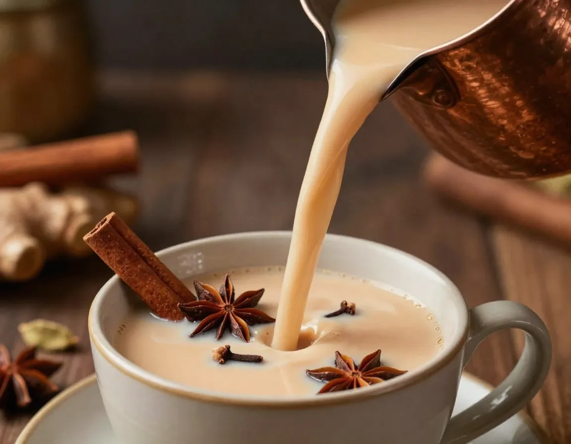 Spiced ginger chai tea with milk and whole spices