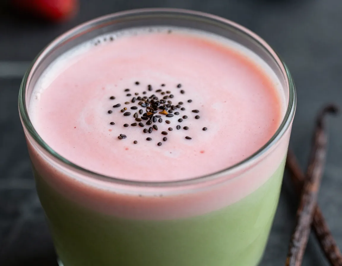 Elegant strawberry matcha latte infused with vanilla bean seeds