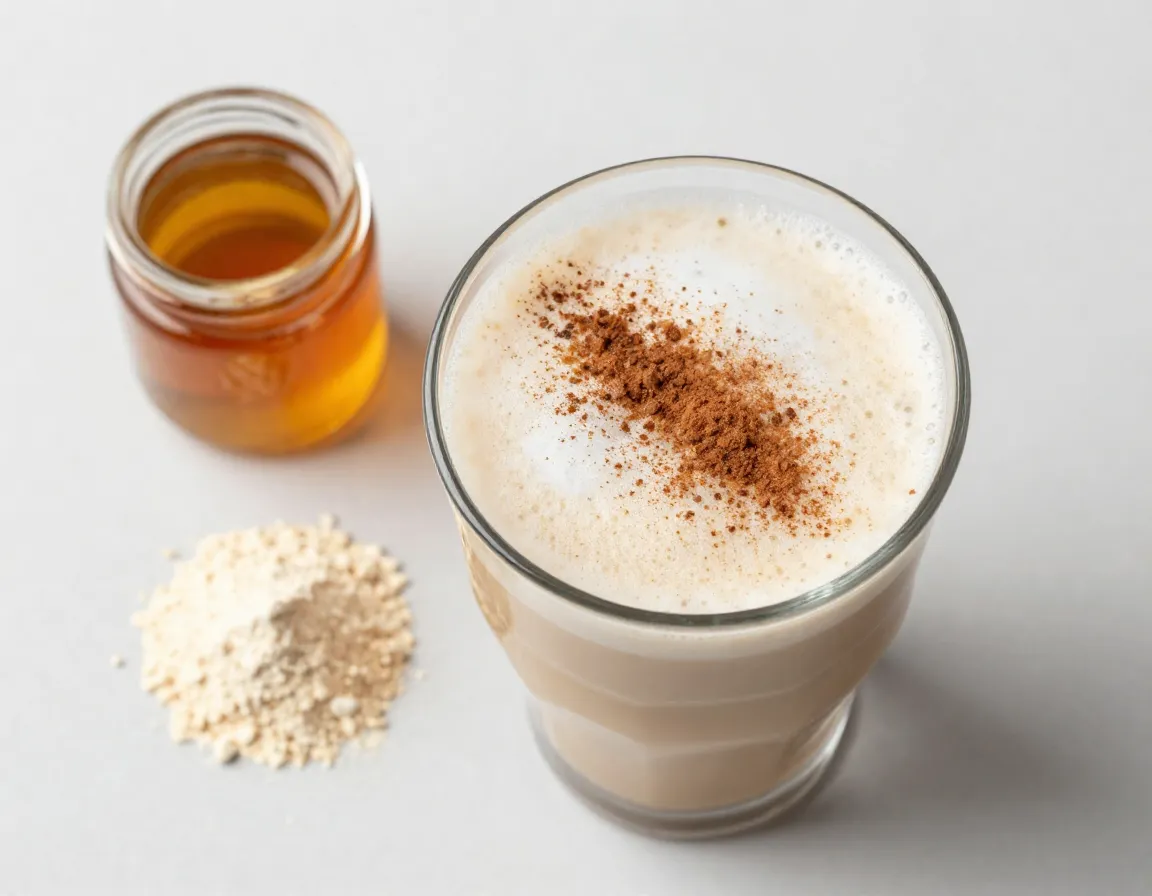 Frothy protein iced latte in glass with cinnamon dust on surface