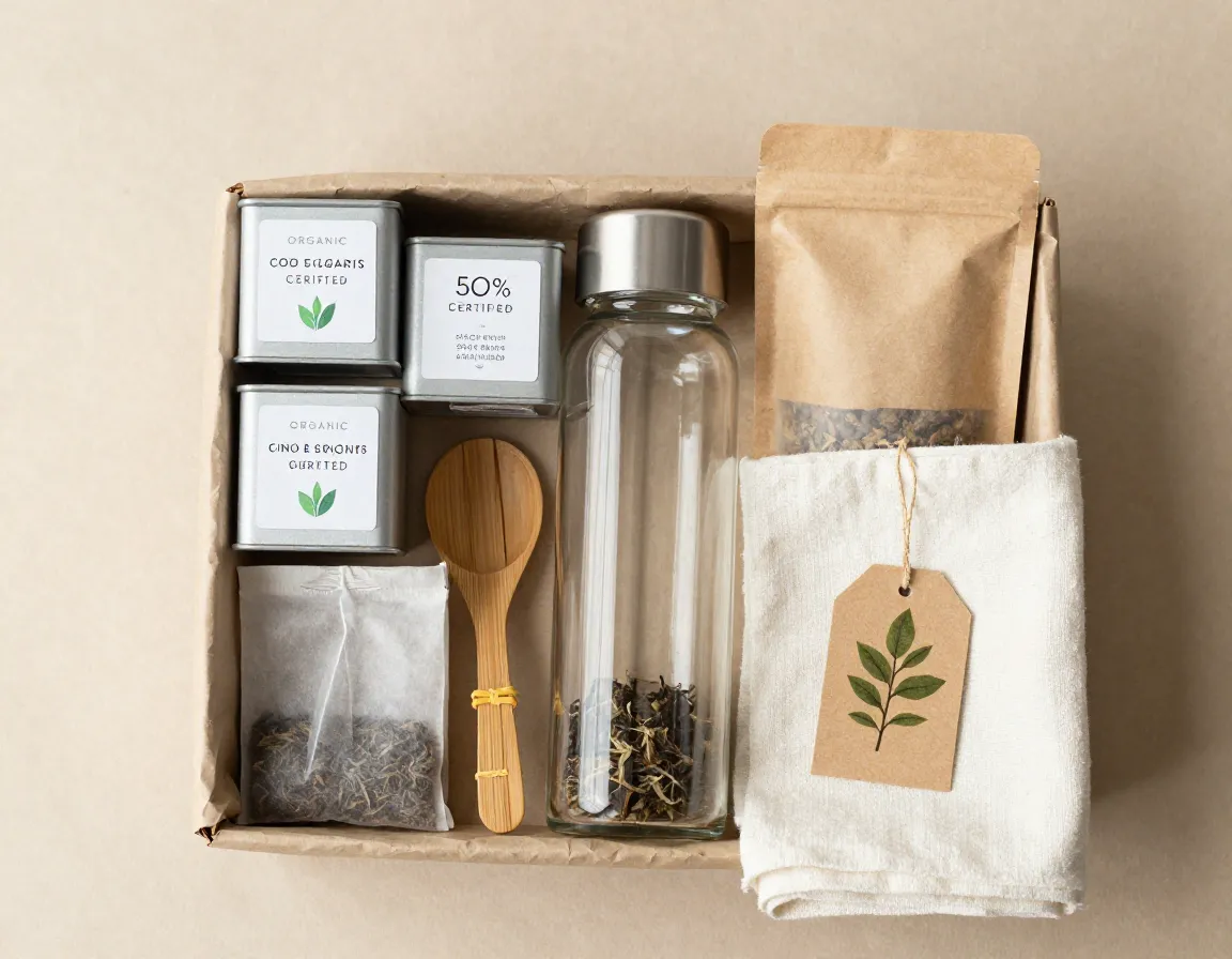 An eco friendly tea basket with borosilicate bottle and bamboo accessories