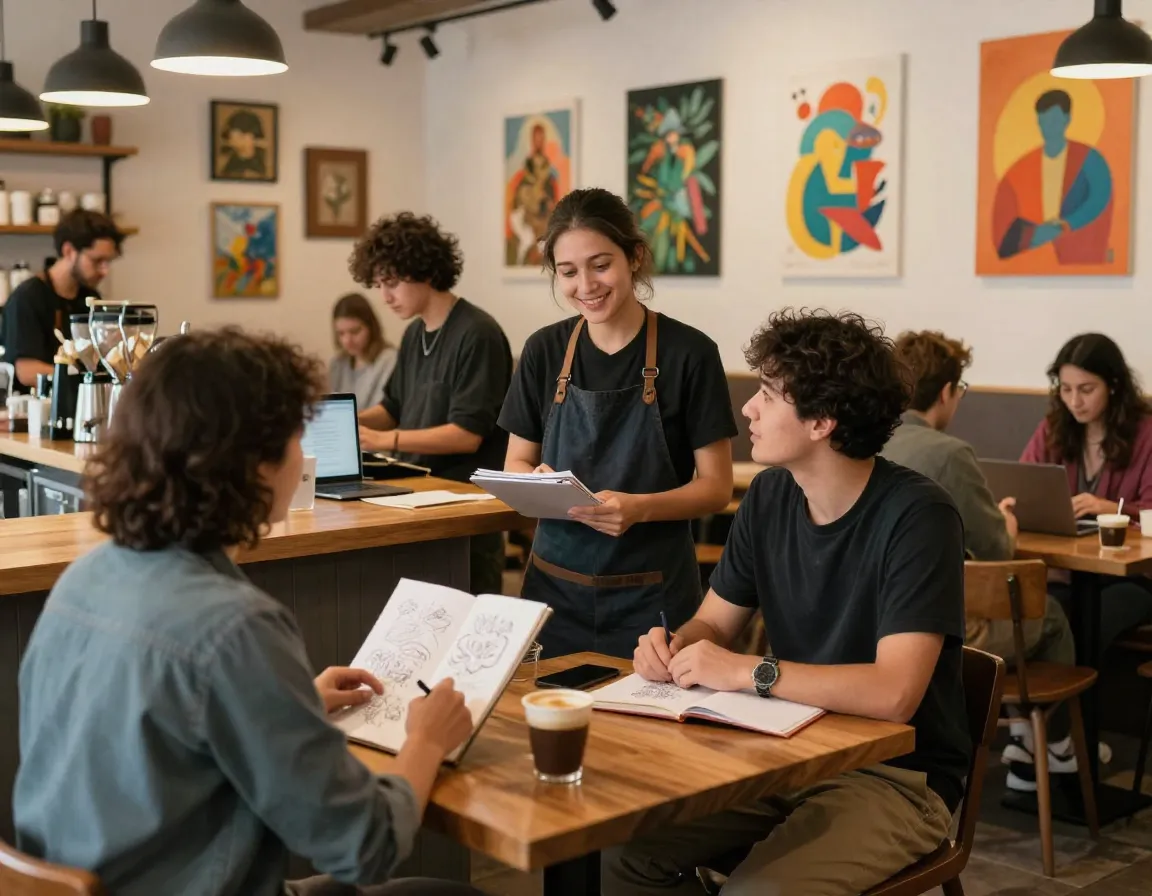 Barista chatting with regular customer who is a local artist