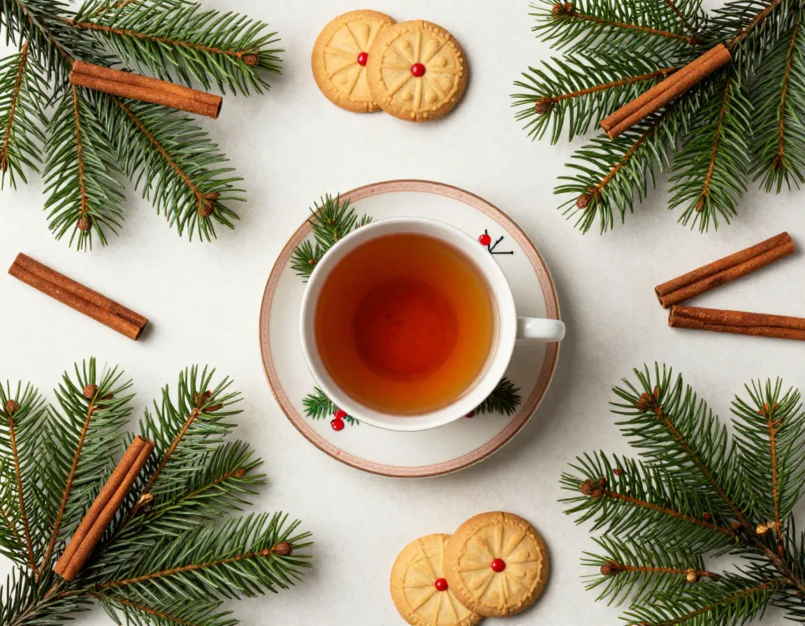 Festive holiday tea setting with evergreen sprigs and cinnamon