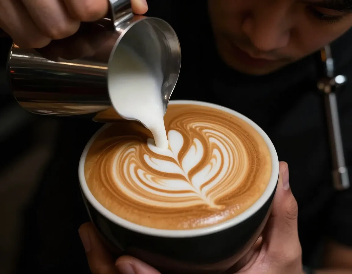 Barista creating intricate tulip design in latte foam closeup