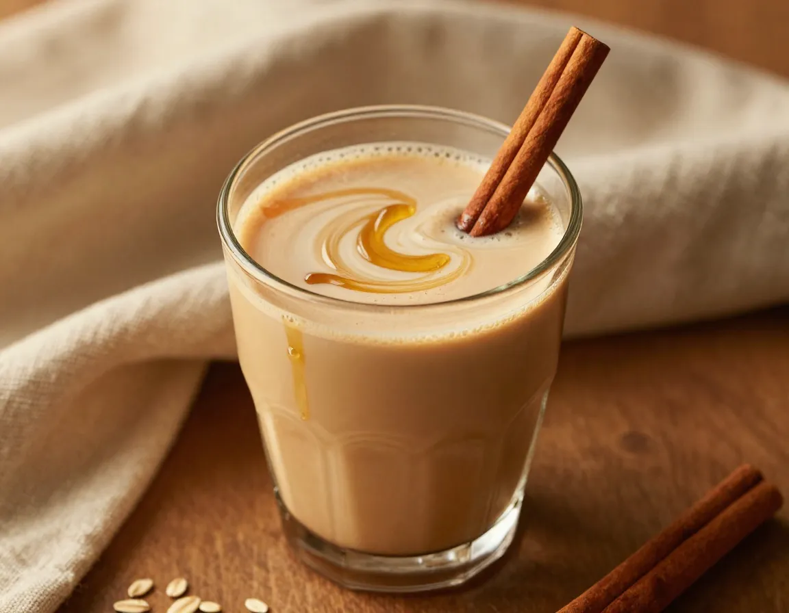 Honey cinnamon oat latte with cinnamon stick stirrer in glass