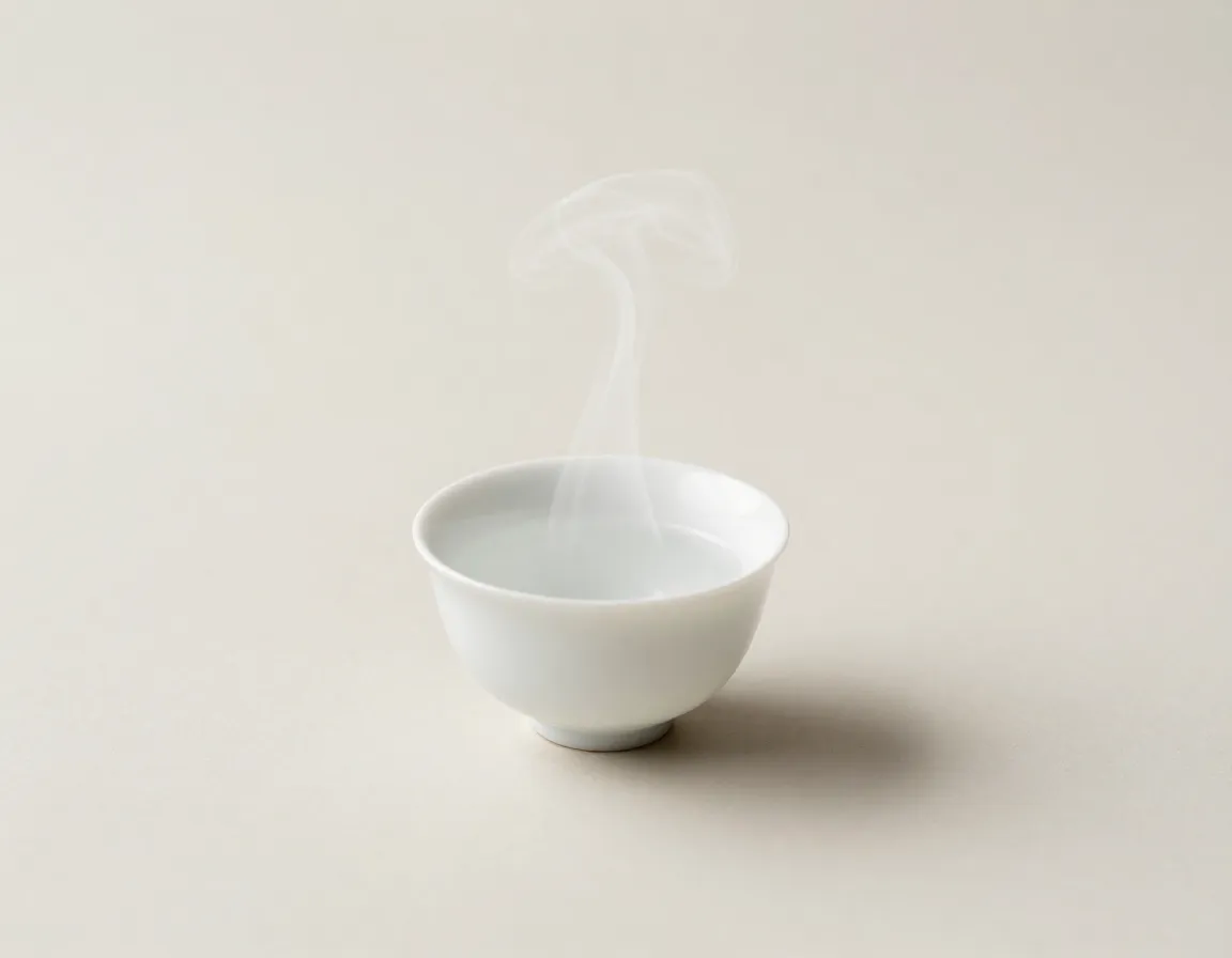 Minimalist single tea cup on a clean neutral surface with steam