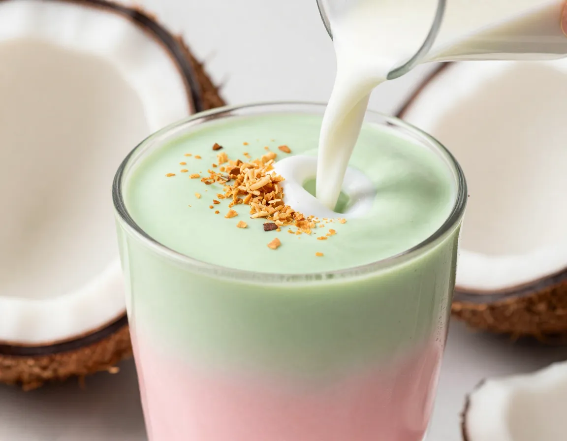 Tropical coconut strawberry matcha latte with creamy coconut milk