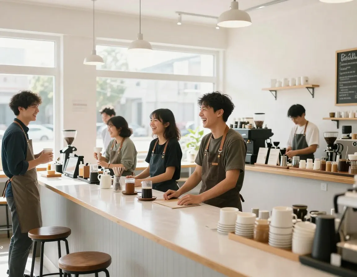 Barista team laughing together during a quiet afternoon lull