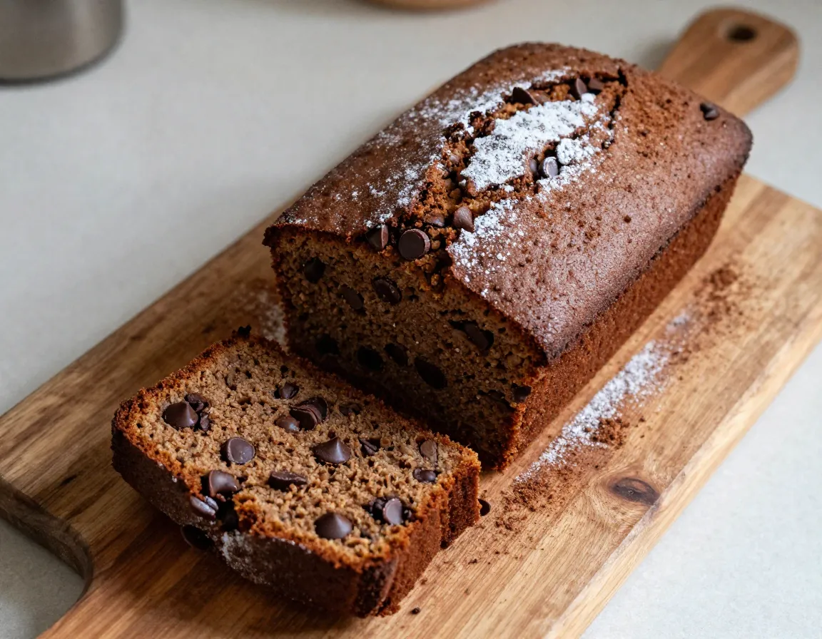 Espresso chocolate chip coffee cake on wooden board