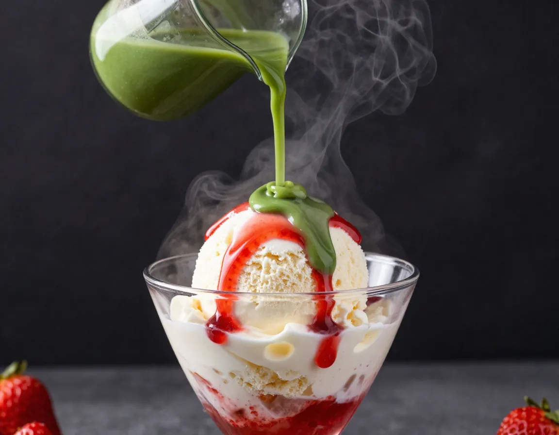 Strawberry matcha affogato with hot matcha poured over ice cream