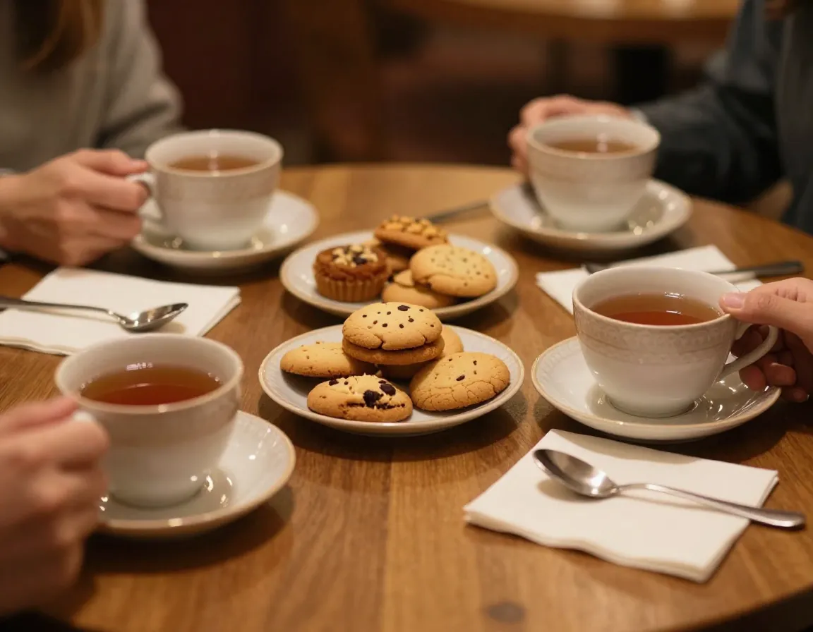 Two tea cups with shared cookies implying social connection