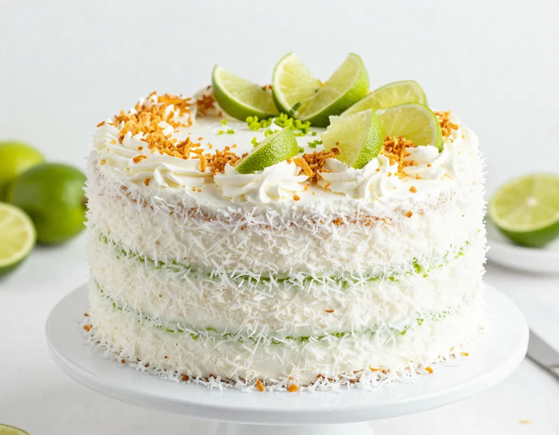 Tropical coconut lime cake with shredded coconut frosting