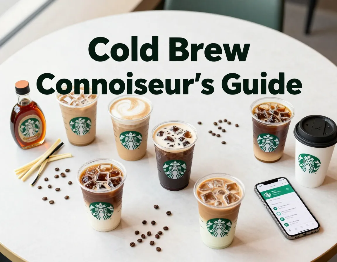 Eight starbucks cold brew cups coffee beans syrups phone flatlay