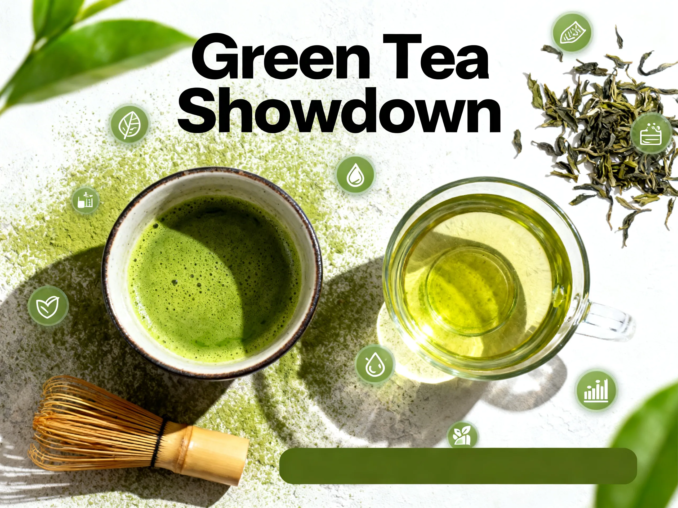 Matcha versus green tea cups leaves nutrition icons overhead