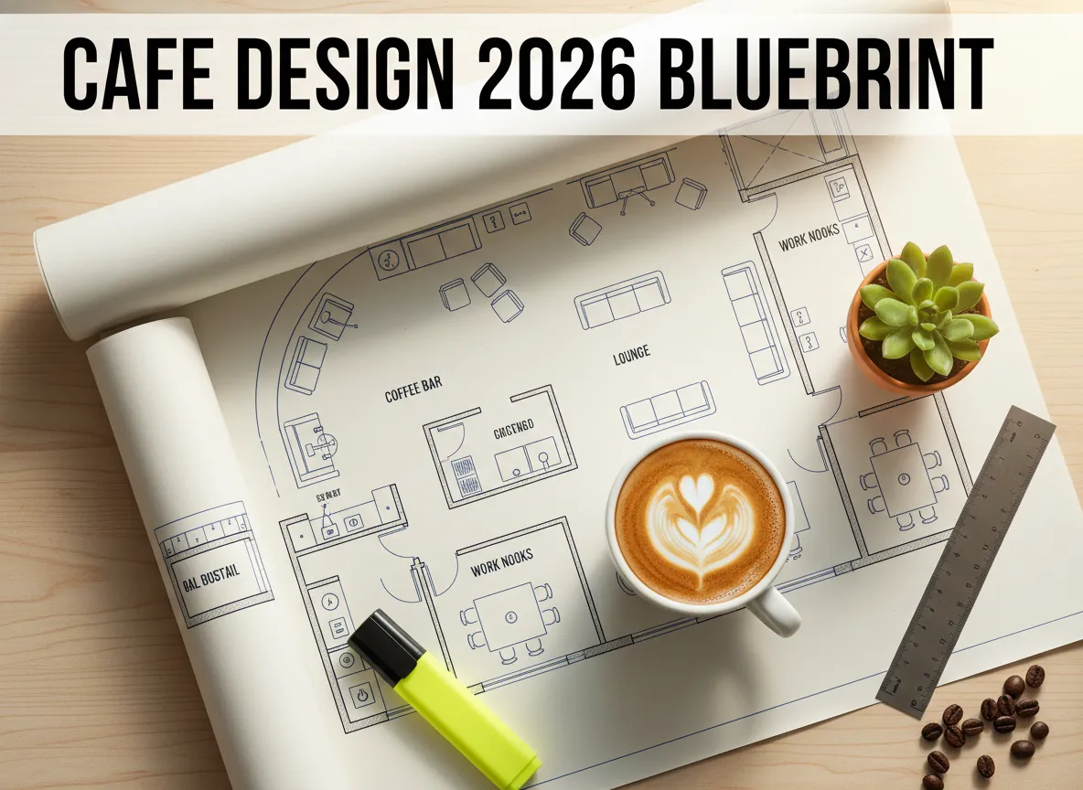 Modern cafe design blueprint with coffee plant and tools flatlay