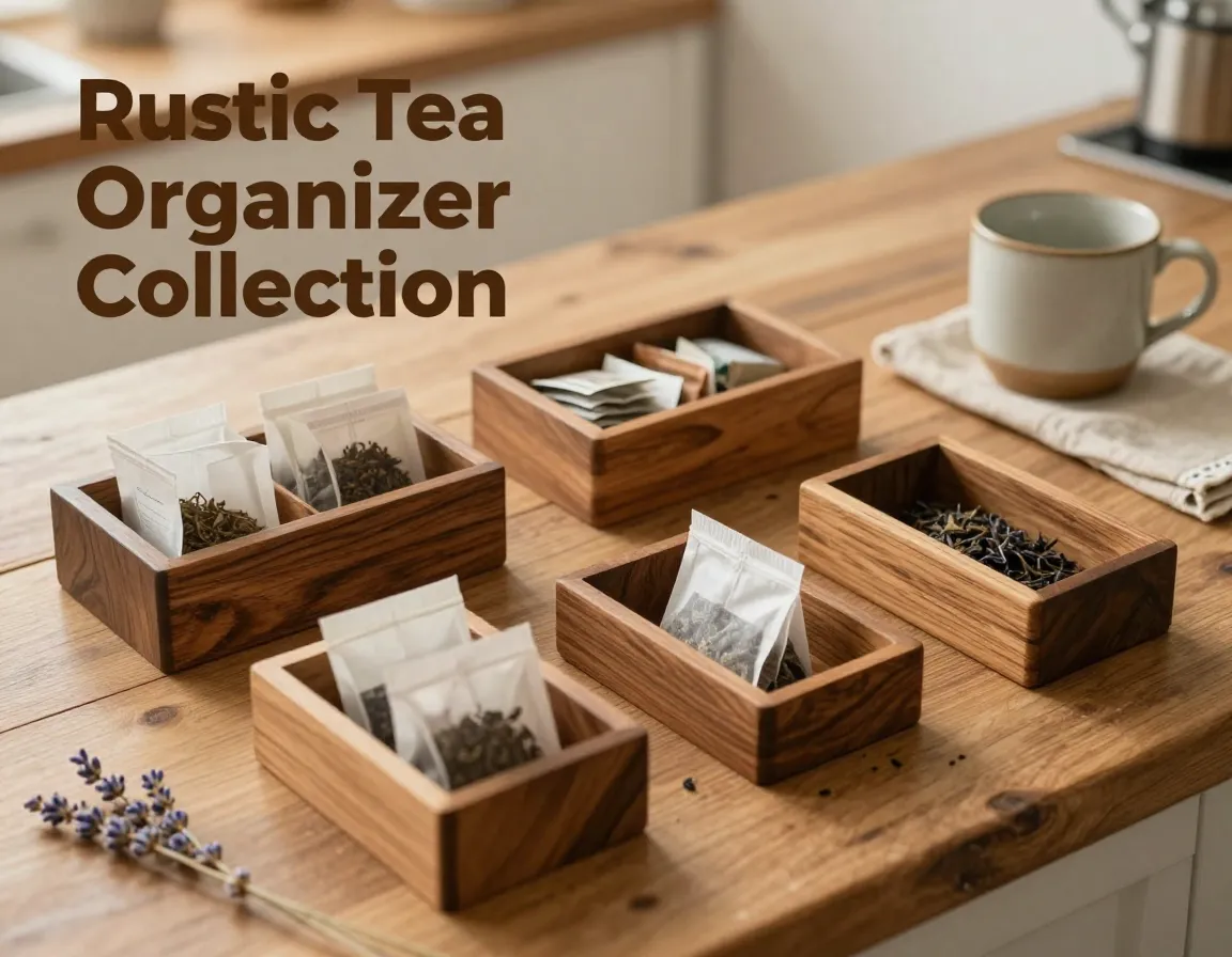 Wooden tea organizer rustic kitchen flat lay collection display