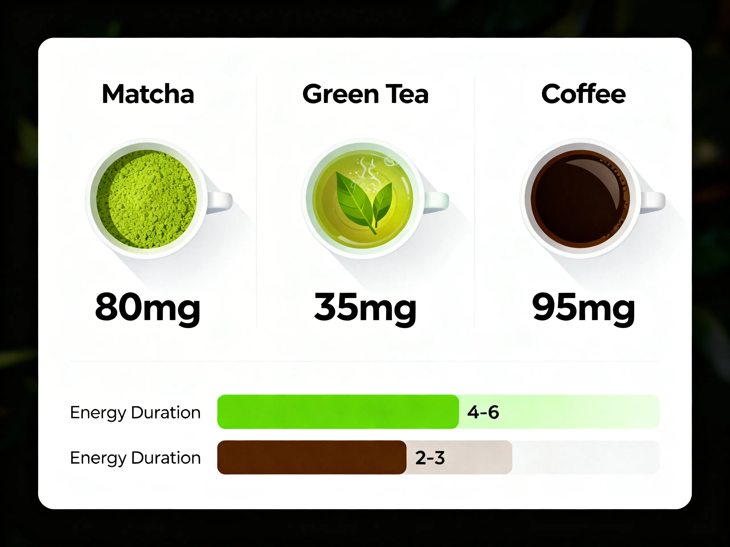 Caffeine comparison infographic with matcha coffee green tea chart