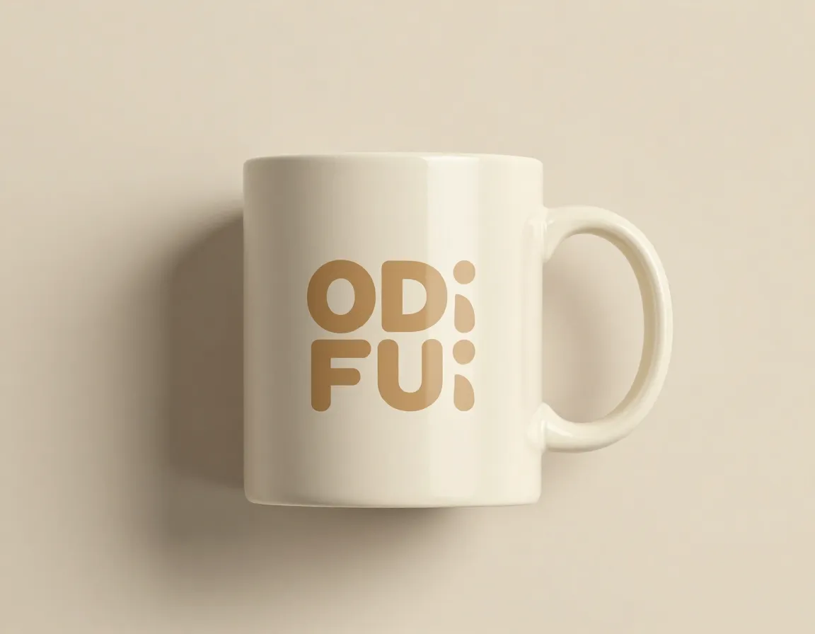 Coffee mug featuring rounded oat colored typography on ceramic surface