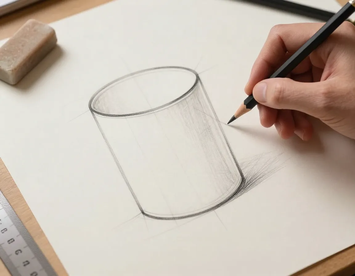 Hand sketching a basic cylinder shape for a coffee mug drawing
