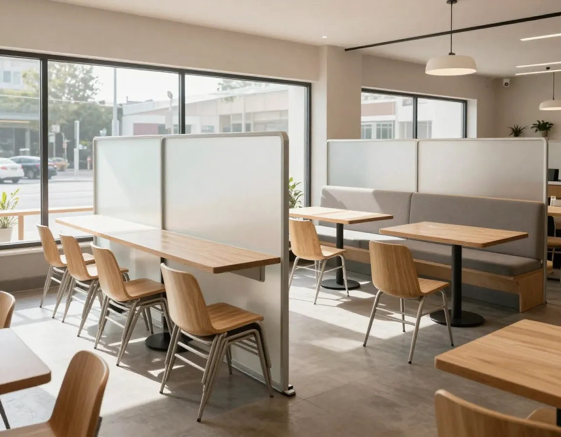 Modern cafe with lightweight stackable chairs and modular partitions layout