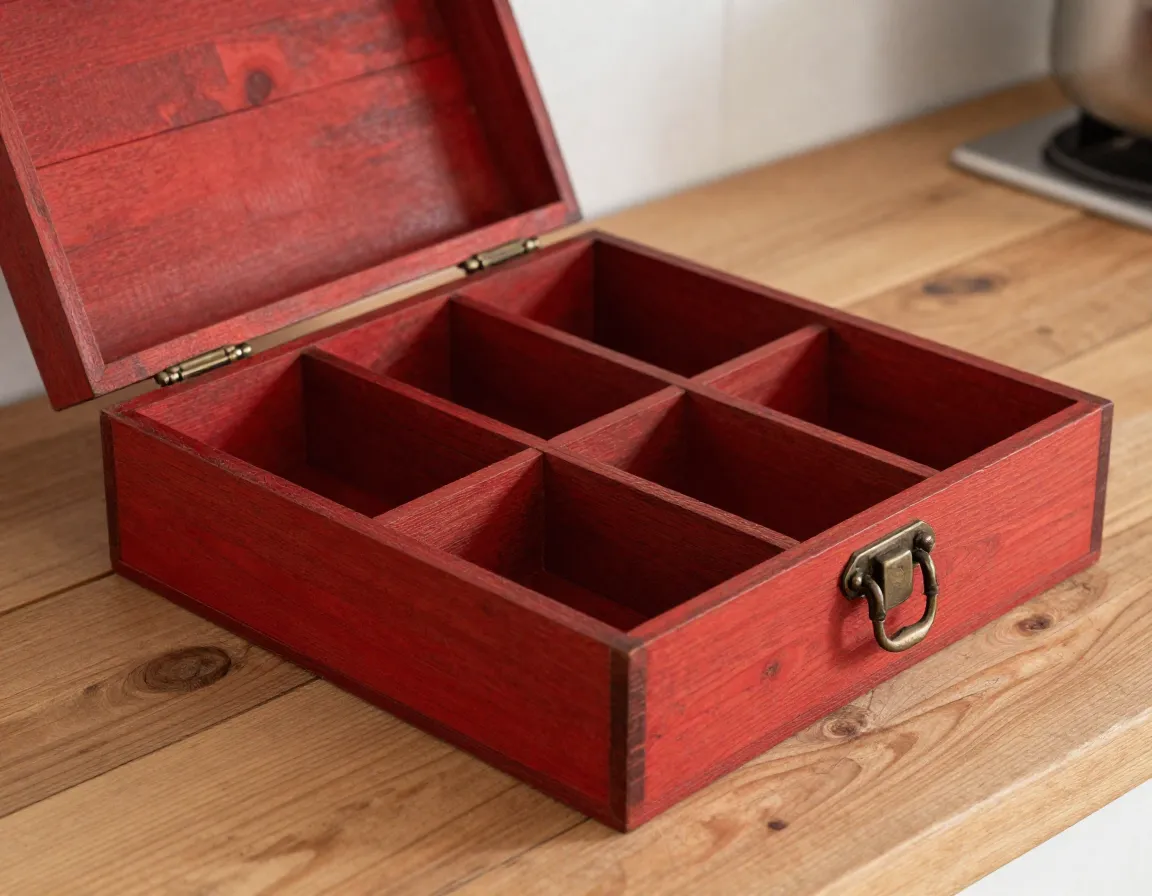 Rustic red wooden tea box organizer with six compartments on farmhouse kitchen countertop
