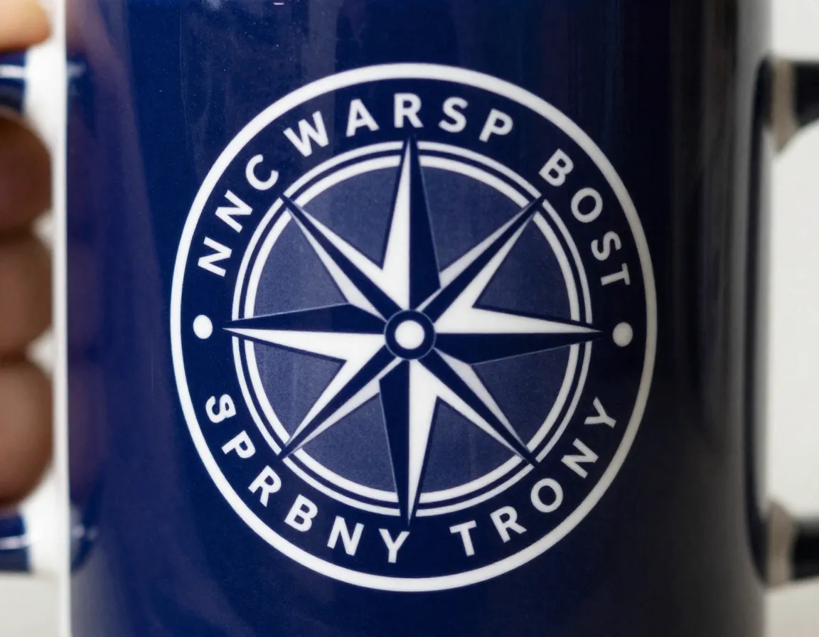 Circular stamp logo with compass hero symbol on dark mug