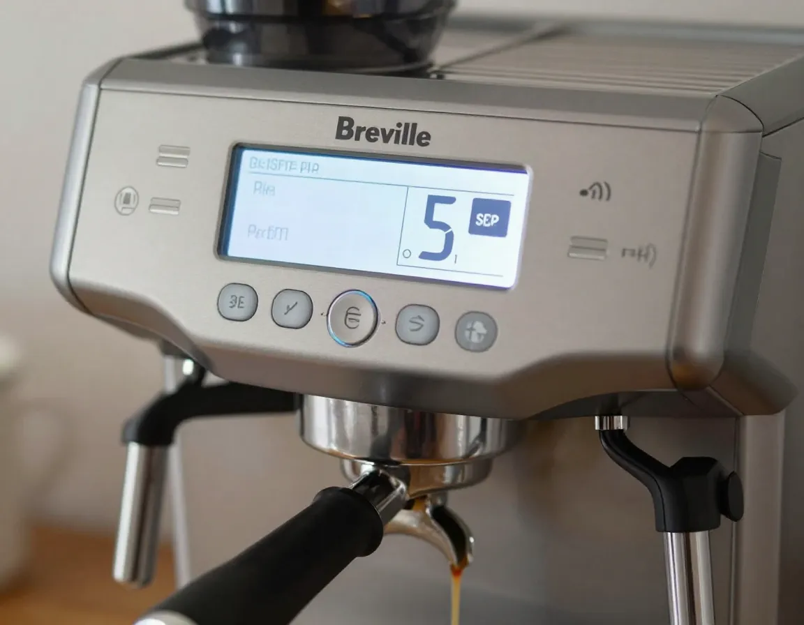 Close up of breville barista pro display showing pre infusion timing setting