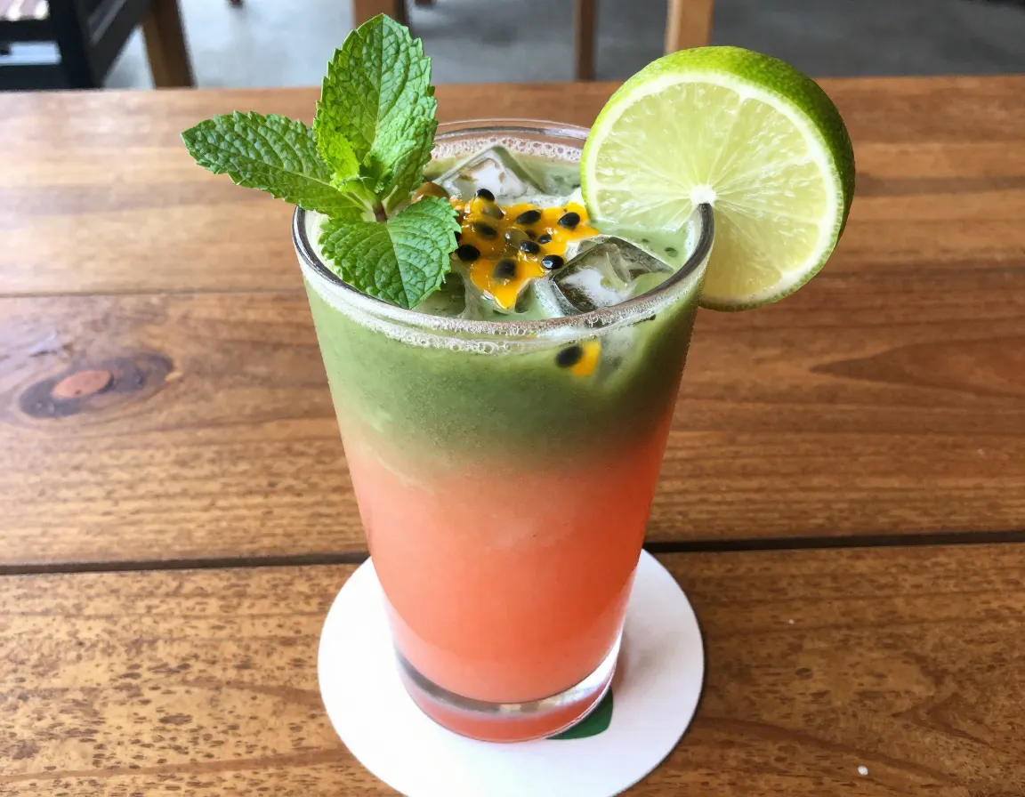 Tropical guava passionfruit matcha refresher with lime garnish
