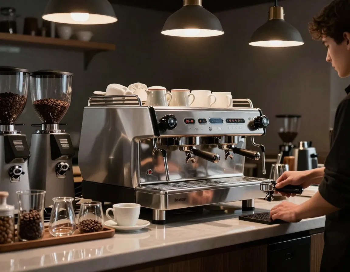 Elegant coffee station with visible espresso machine and storage canisters