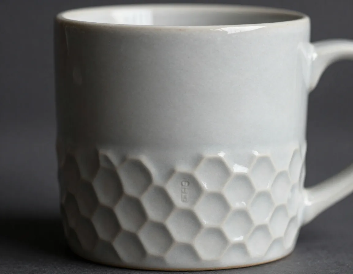 Ceramic mug with raised geometric honeycomb texture pattern