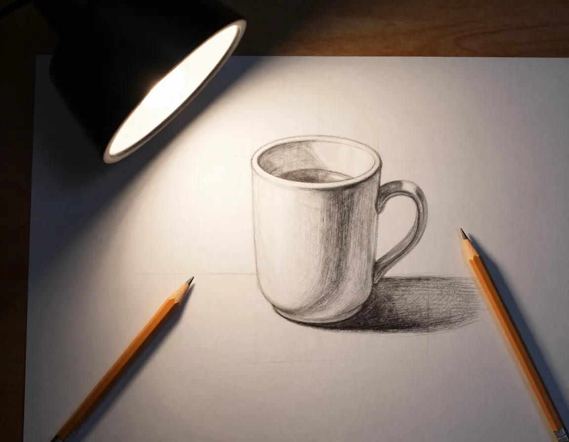 Establishing light source direction and basic shadow areas on mug sketch