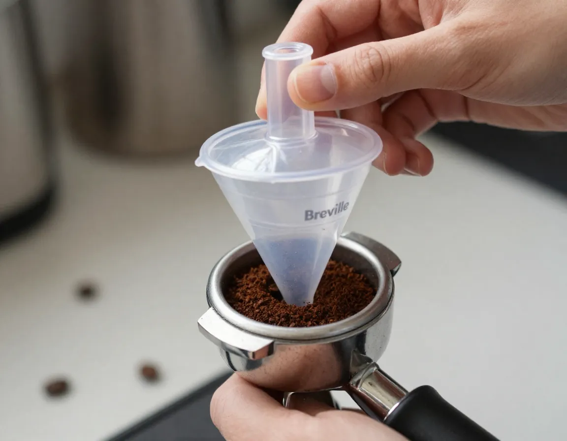 Hand removing clear plastic dosing funnel from filled portafilter