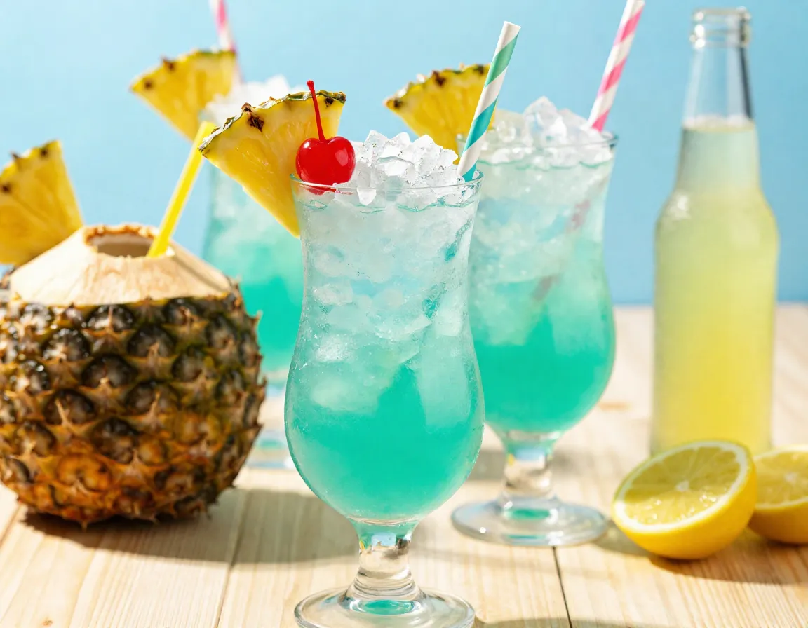 Tropical coconut pineapple cocktail in a hurricane glass with crushed ice