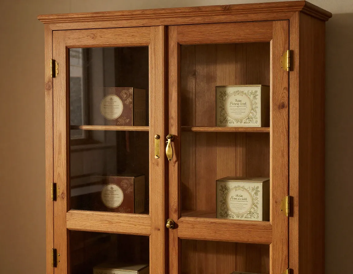 Vintage style pine tea cabinet with glass front and brass hardware