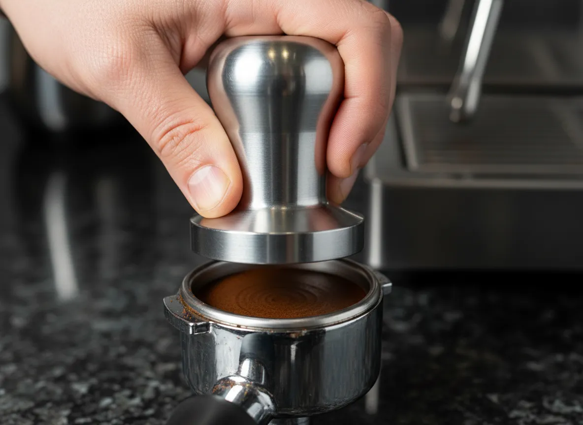 Close up of hand using tamper to compress coffee grounds evenly